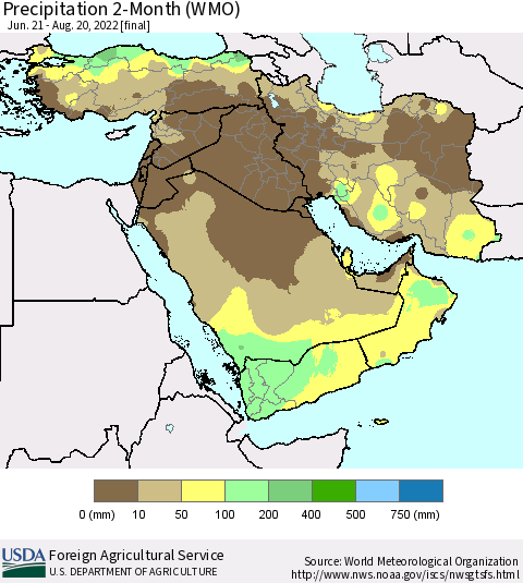 Middle East and Turkey Precipitation 2-Month (WMO) Thematic Map For 6/21/2022 - 8/20/2022