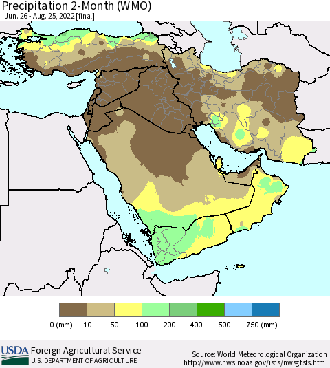 Middle East and Turkey Precipitation 2-Month (WMO) Thematic Map For 6/26/2022 - 8/25/2022