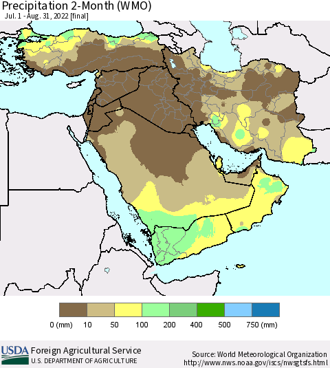 Middle East and Turkey Precipitation 2-Month (WMO) Thematic Map For 7/1/2022 - 8/31/2022