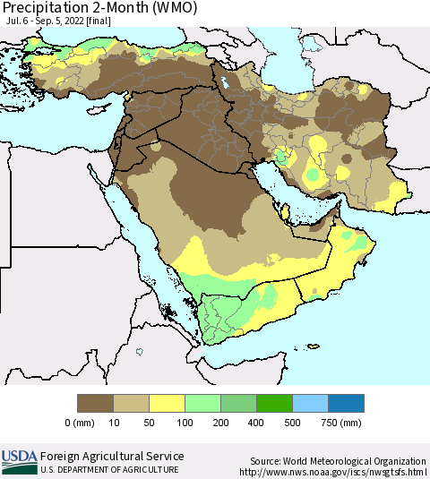 Middle East and Turkey Precipitation 2-Month (WMO) Thematic Map For 7/6/2022 - 9/5/2022