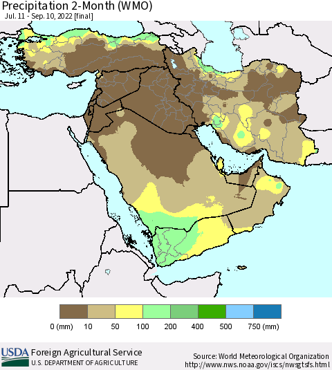 Middle East and Turkey Precipitation 2-Month (WMO) Thematic Map For 7/11/2022 - 9/10/2022