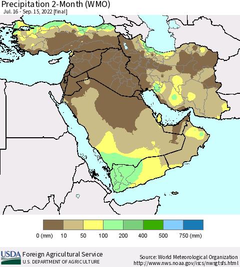 Middle East and Turkey Precipitation 2-Month (WMO) Thematic Map For 7/16/2022 - 9/15/2022