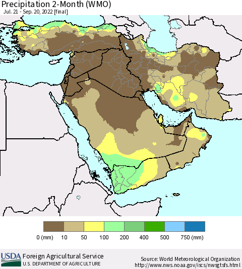Middle East and Turkey Precipitation 2-Month (WMO) Thematic Map For 7/21/2022 - 9/20/2022