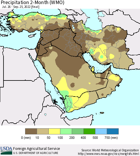 Middle East and Turkey Precipitation 2-Month (WMO) Thematic Map For 7/26/2022 - 9/25/2022