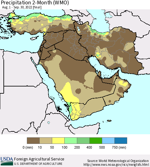 Middle East and Turkey Precipitation 2-Month (WMO) Thematic Map For 8/1/2022 - 9/30/2022