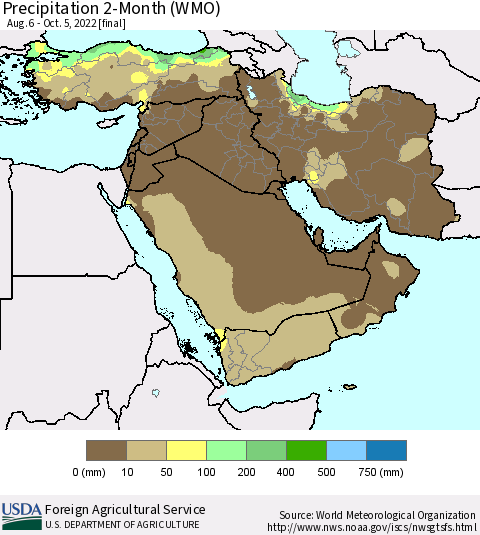 Middle East and Turkey Precipitation 2-Month (WMO) Thematic Map For 8/6/2022 - 10/5/2022