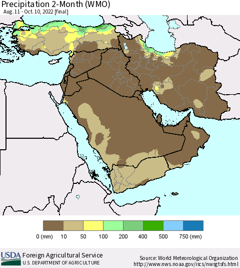 Middle East and Turkey Precipitation 2-Month (WMO) Thematic Map For 8/11/2022 - 10/10/2022