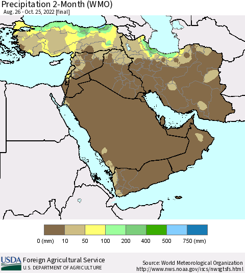 Middle East and Turkey Precipitation 2-Month (WMO) Thematic Map For 8/26/2022 - 10/25/2022