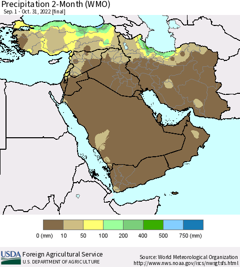 Middle East and Turkey Precipitation 2-Month (WMO) Thematic Map For 9/1/2022 - 10/31/2022