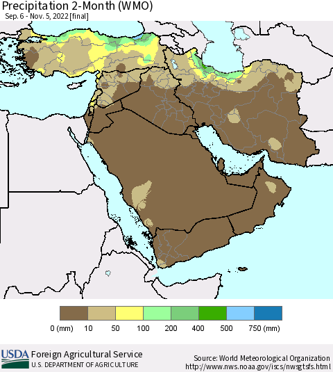 Middle East and Turkey Precipitation 2-Month (WMO) Thematic Map For 9/6/2022 - 11/5/2022