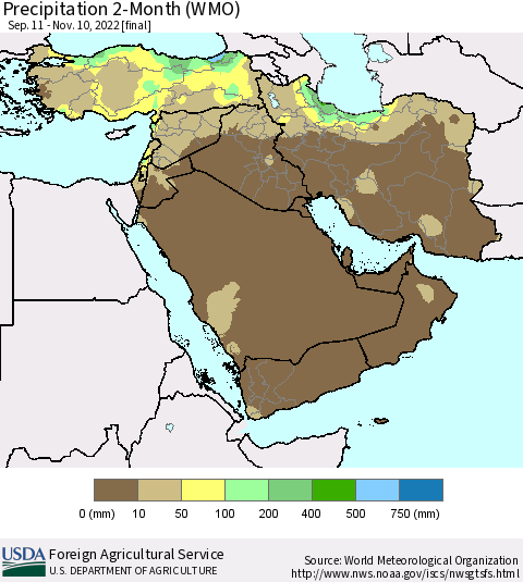 Middle East and Turkey Precipitation 2-Month (WMO) Thematic Map For 9/11/2022 - 11/10/2022