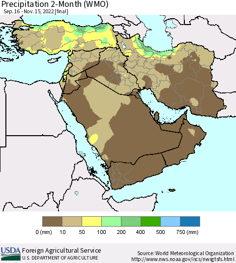 Middle East and Turkey Precipitation 2-Month (WMO) Thematic Map For 9/16/2022 - 11/15/2022