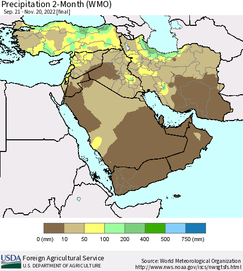 Middle East and Turkey Precipitation 2-Month (WMO) Thematic Map For 9/21/2022 - 11/20/2022