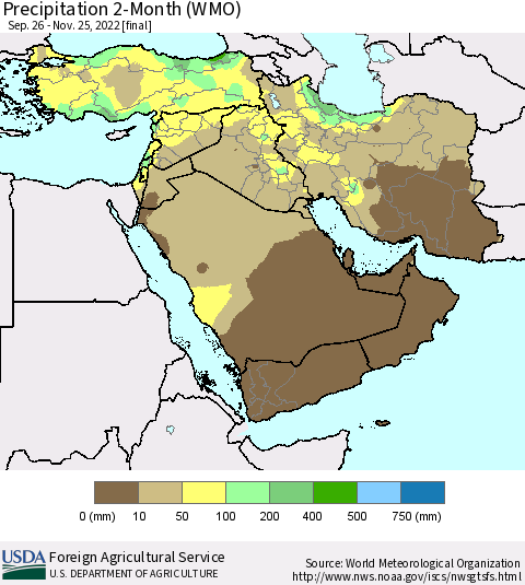 Middle East and Turkey Precipitation 2-Month (WMO) Thematic Map For 9/26/2022 - 11/25/2022