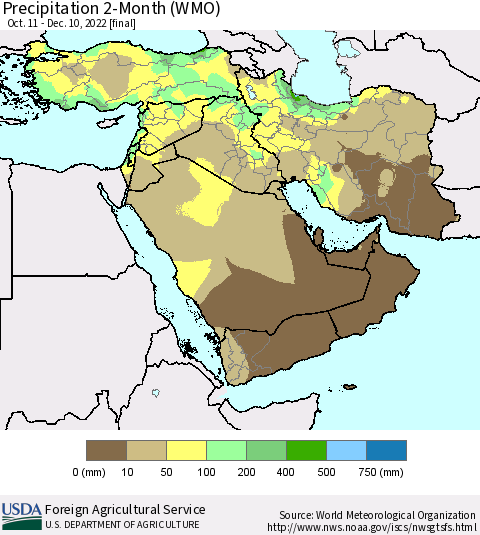 Middle East and Turkey Precipitation 2-Month (WMO) Thematic Map For 10/11/2022 - 12/10/2022