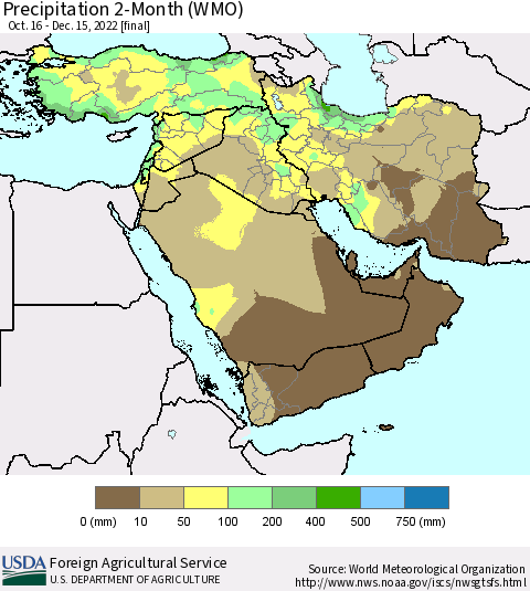 Middle East and Turkey Precipitation 2-Month (WMO) Thematic Map For 10/16/2022 - 12/15/2022