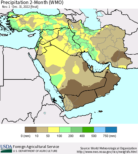 Middle East and Turkey Precipitation 2-Month (WMO) Thematic Map For 11/1/2022 - 12/31/2022