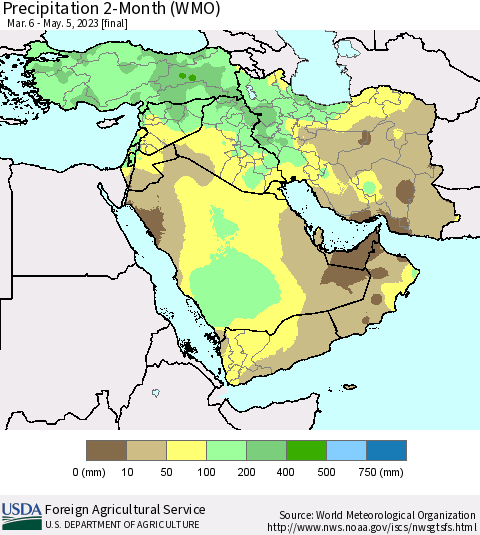 Middle East and Turkey Precipitation 2-Month (WMO) Thematic Map For 3/6/2023 - 5/5/2023
