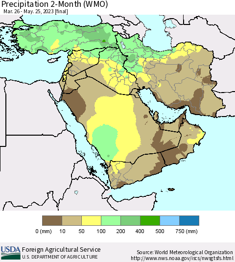 Middle East and Turkey Precipitation 2-Month (WMO) Thematic Map For 3/26/2023 - 5/25/2023