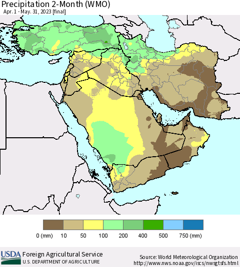 Middle East and Turkey Precipitation 2-Month (WMO) Thematic Map For 4/1/2023 - 5/31/2023