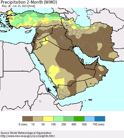 Middle East and Turkey Precipitation 2-Month (WMO) Thematic Map For 5/26/2023 - 7/25/2023