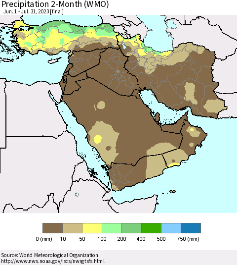 Middle East and Turkey Precipitation 2-Month (WMO) Thematic Map For 6/1/2023 - 7/31/2023