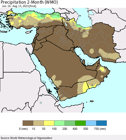 Middle East and Turkey Precipitation 2-Month (WMO) Thematic Map For 6/16/2023 - 8/15/2023