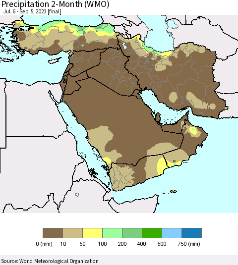 Middle East and Turkey Precipitation 2-Month (WMO) Thematic Map For 7/6/2023 - 9/5/2023