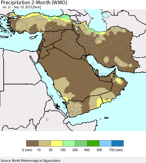 Middle East and Turkey Precipitation 2-Month (WMO) Thematic Map For 7/11/2023 - 9/10/2023
