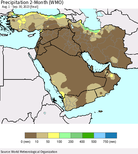 Middle East and Turkey Precipitation 2-Month (WMO) Thematic Map For 8/1/2023 - 9/30/2023