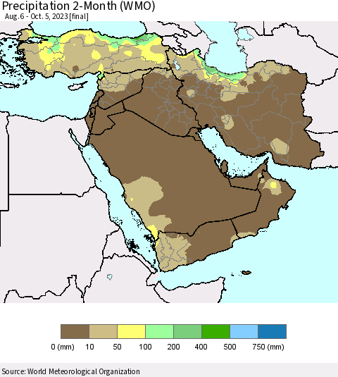 Middle East and Turkey Precipitation 2-Month (WMO) Thematic Map For 8/6/2023 - 10/5/2023