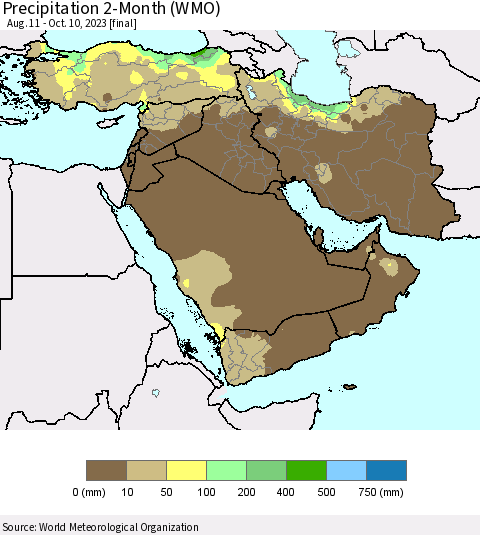 Middle East and Turkey Precipitation 2-Month (WMO) Thematic Map For 8/11/2023 - 10/10/2023