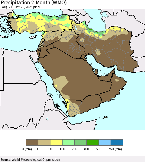 Middle East and Turkey Precipitation 2-Month (WMO) Thematic Map For 8/21/2023 - 10/20/2023
