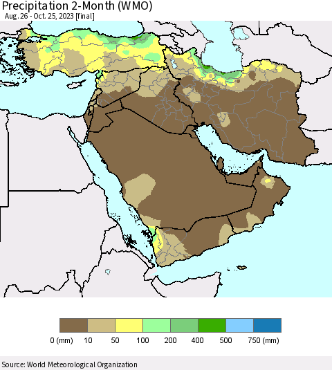 Middle East and Turkey Precipitation 2-Month (WMO) Thematic Map For 8/26/2023 - 10/25/2023