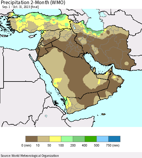 Middle East and Turkey Precipitation 2-Month (WMO) Thematic Map For 9/1/2023 - 10/31/2023
