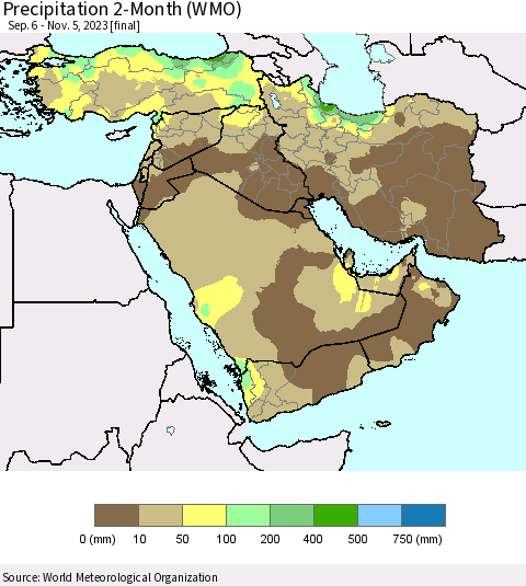 Middle East and Turkey Precipitation 2-Month (WMO) Thematic Map For 9/6/2023 - 11/5/2023