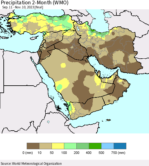 Middle East and Turkey Precipitation 2-Month (WMO) Thematic Map For 9/11/2023 - 11/10/2023