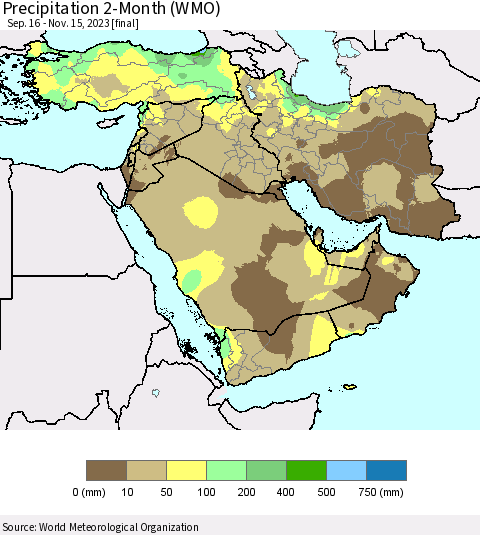 Middle East and Turkey Precipitation 2-Month (WMO) Thematic Map For 9/16/2023 - 11/15/2023