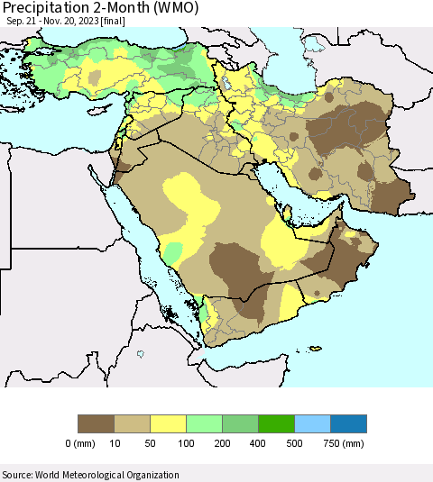Middle East and Turkey Precipitation 2-Month (WMO) Thematic Map For 9/21/2023 - 11/20/2023