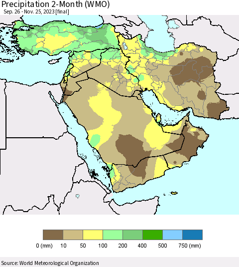 Middle East and Turkey Precipitation 2-Month (WMO) Thematic Map For 9/26/2023 - 11/25/2023