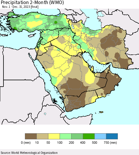 Middle East and Turkey Precipitation 2-Month (WMO) Thematic Map For 11/1/2023 - 12/31/2023