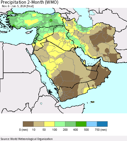 Middle East and Turkey Precipitation 2-Month (WMO) Thematic Map For 11/6/2023 - 1/5/2024