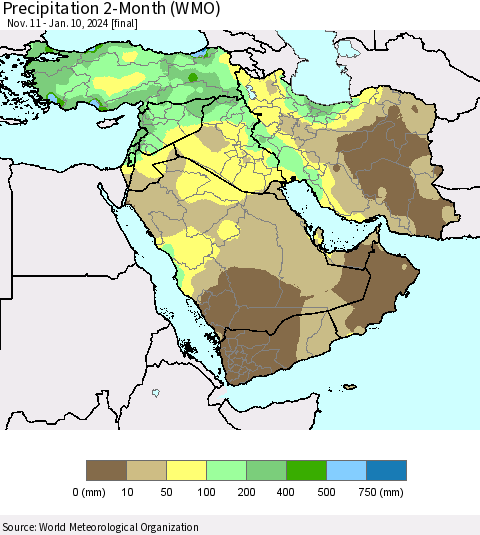 Middle East and Turkey Precipitation 2-Month (WMO) Thematic Map For 11/11/2023 - 1/10/2024