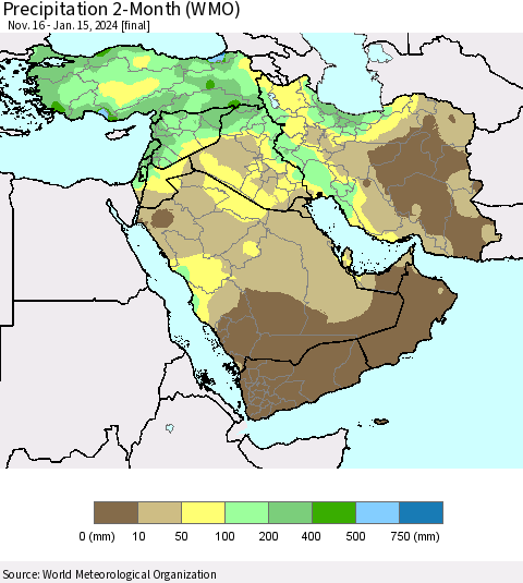 Middle East and Turkey Precipitation 2-Month (WMO) Thematic Map For 11/16/2023 - 1/15/2024