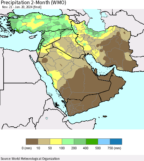 Middle East and Turkey Precipitation 2-Month (WMO) Thematic Map For 11/21/2023 - 1/20/2024