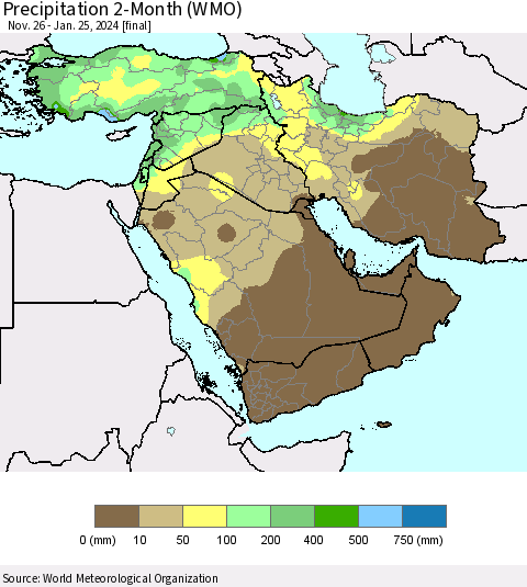 Middle East and Turkey Precipitation 2-Month (WMO) Thematic Map For 11/26/2023 - 1/25/2024