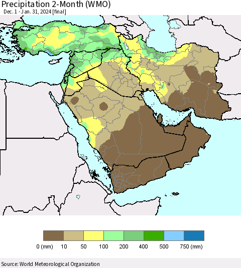 Middle East and Turkey Precipitation 2-Month (WMO) Thematic Map For 12/1/2023 - 1/31/2024