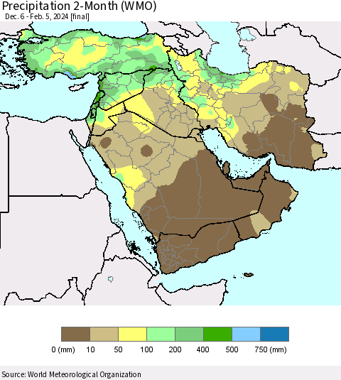 Middle East and Turkey Precipitation 2-Month (WMO) Thematic Map For 12/6/2023 - 2/5/2024