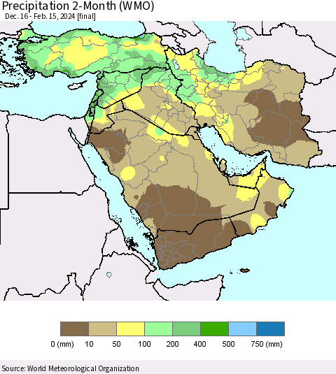 Middle East and Turkey Precipitation 2-Month (WMO) Thematic Map For 12/16/2023 - 2/15/2024