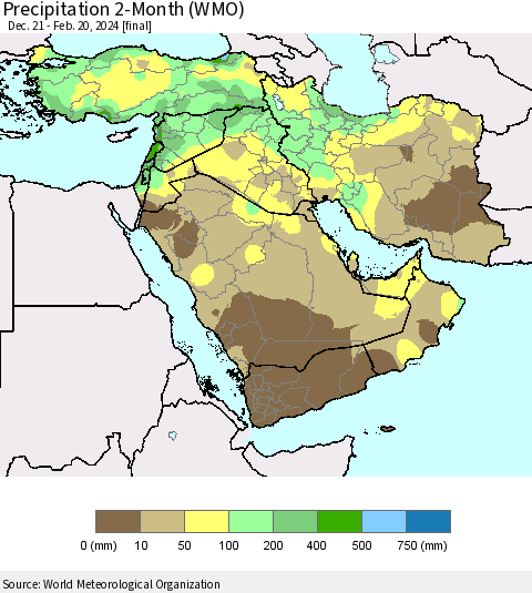 Middle East and Turkey Precipitation 2-Month (WMO) Thematic Map For 12/21/2023 - 2/20/2024